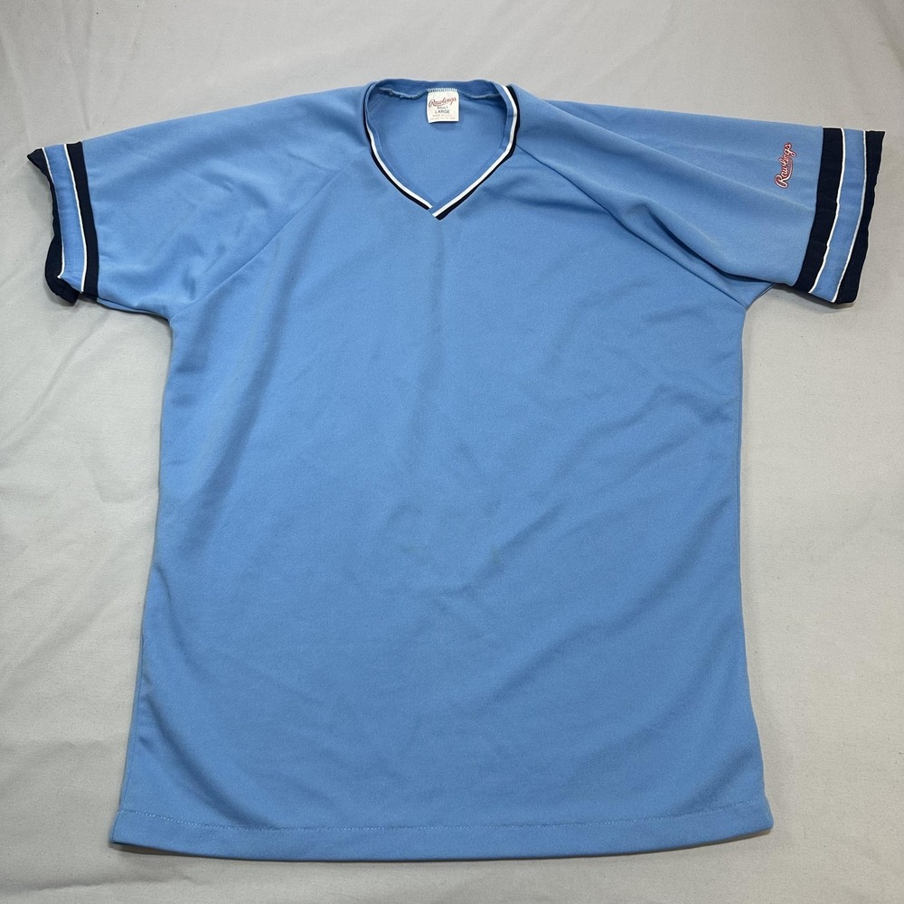 Vintage Rawlings Shirt Mens Large Blue Baseball Jersey V-Neck Sports USA